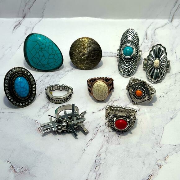 Set of 10 Southwestern style rings - Picture 1 of 16